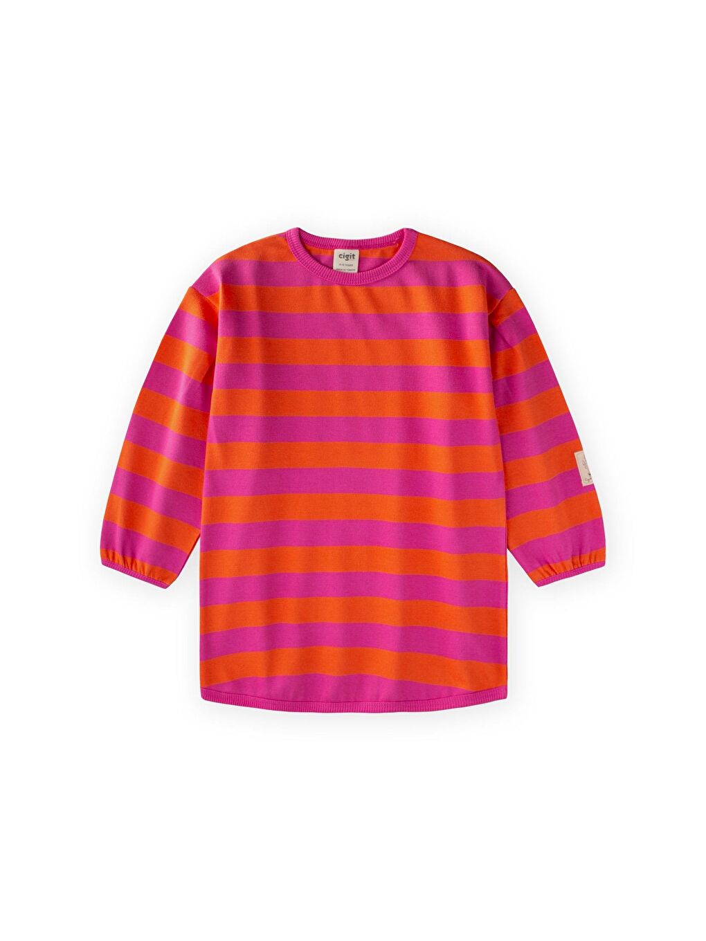 Triko Çizgili Tunik 4-12 Yaş Turuncu Fuşya