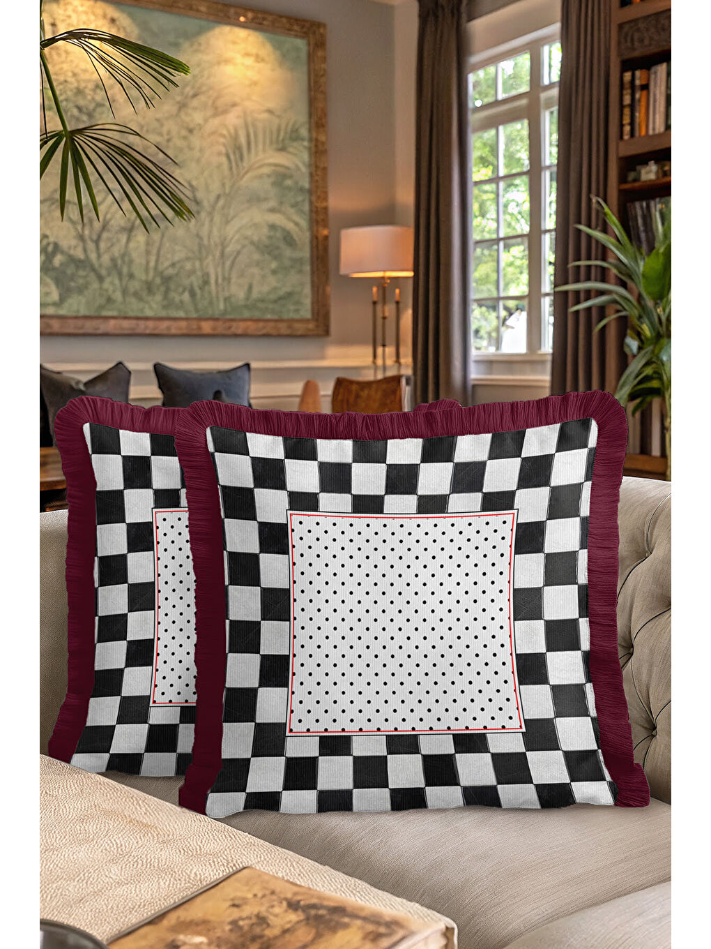 Karışık Luxury Kareli Saçaklı Yastık Kılıfı - Retro Doku Siyah Beyaz Bordo Püsküllü Kırlent Kılıfı-7