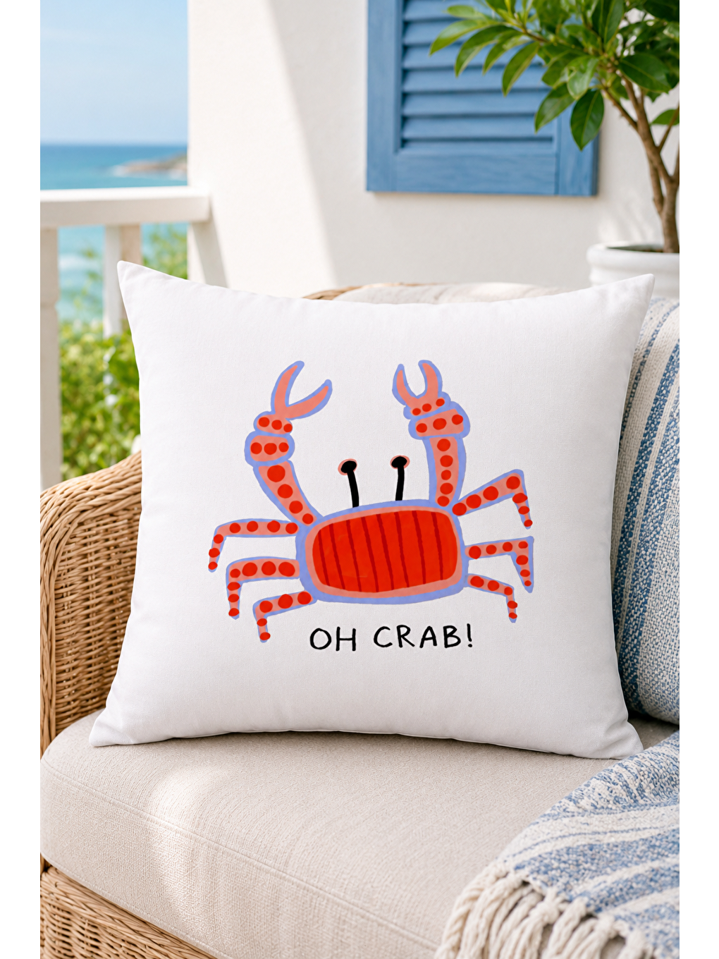 Beyaz Oh Crab Yengeç Yazı Baskılı Marin Dekoratif Kırlent Kılıfı Yazlık Dekor 43x43 Cm-1