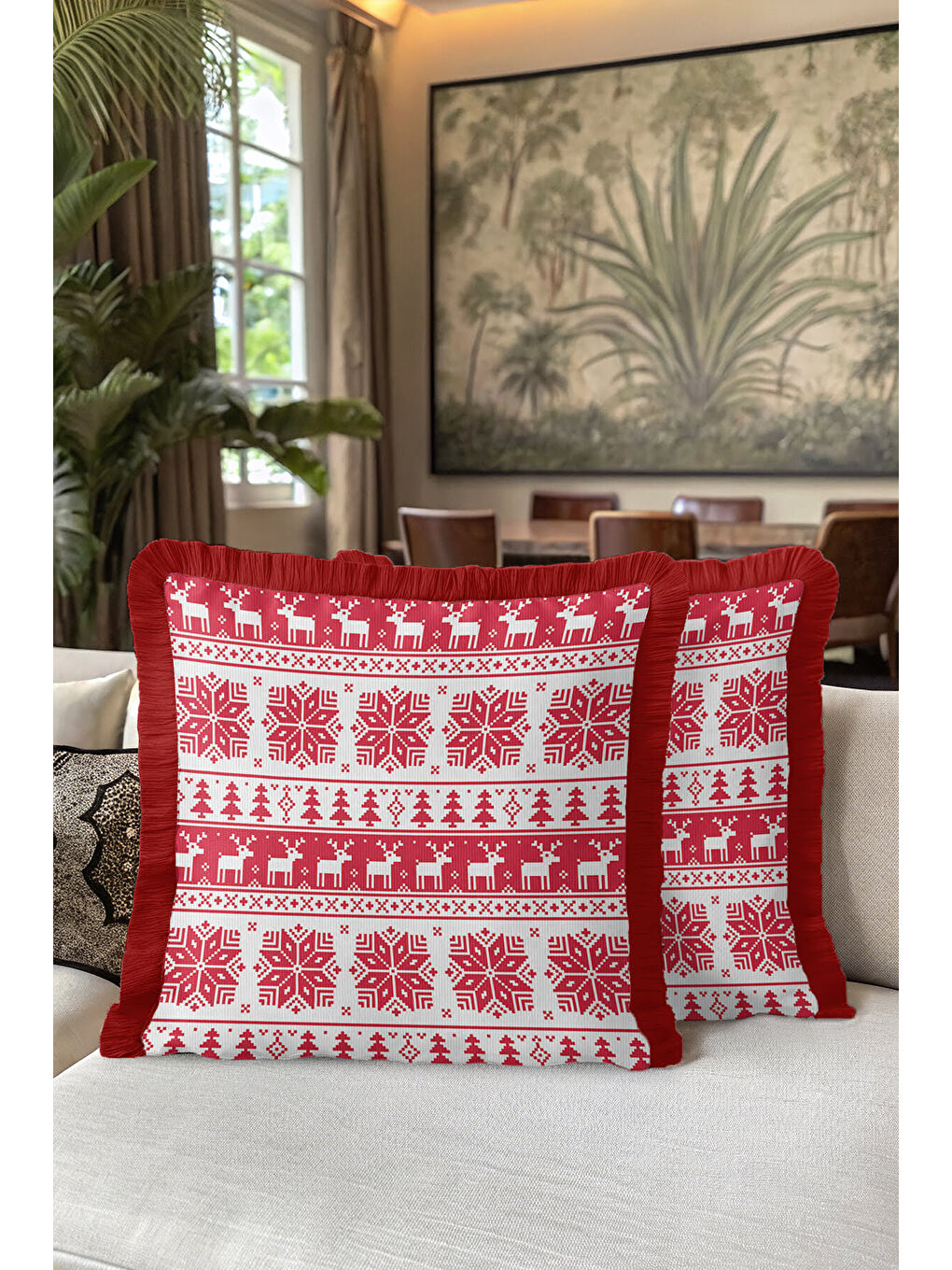 Karışık Nordik Kış Motifli Saçaklı Yastık Kılıfı - Yılbaşı Temalı Kırmızı Beyaz Püsküllü Kırlent Kılıfı-5