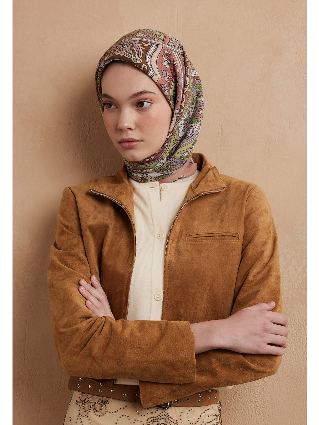 Pembe Etnıc Floral Desen Pamuk İpek Eşarp Somon