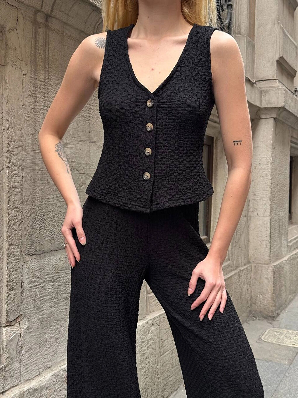Kadın Siyah Gofre Kumaş Yelek Pantolon İkili Takım HZL25S-ZK13591-1