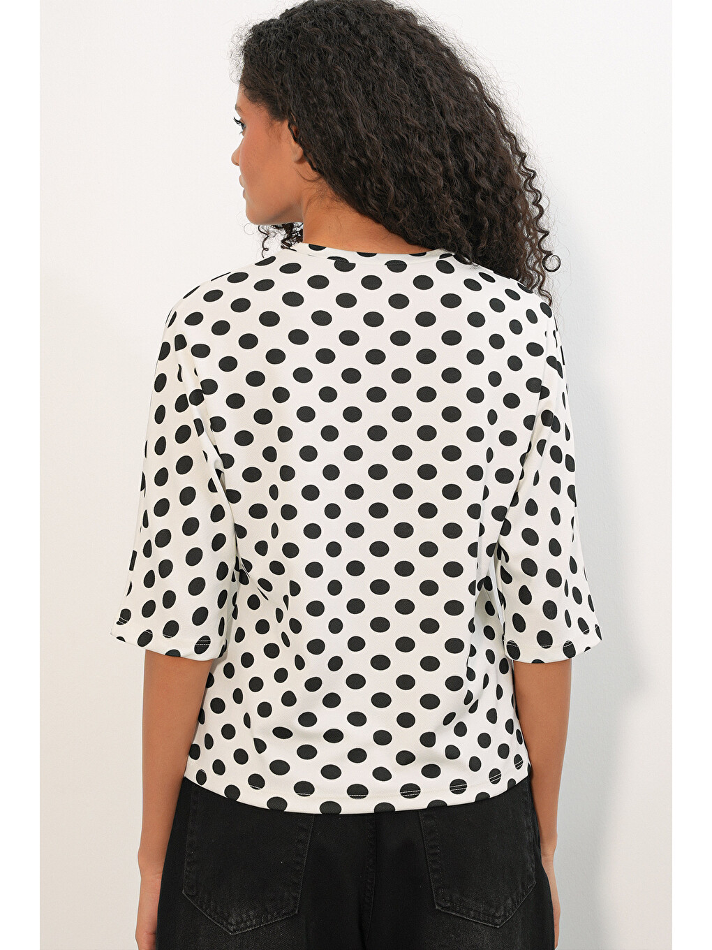 Kadın Oversize Puantiyeli Bluz 40020 - Beyaz-5