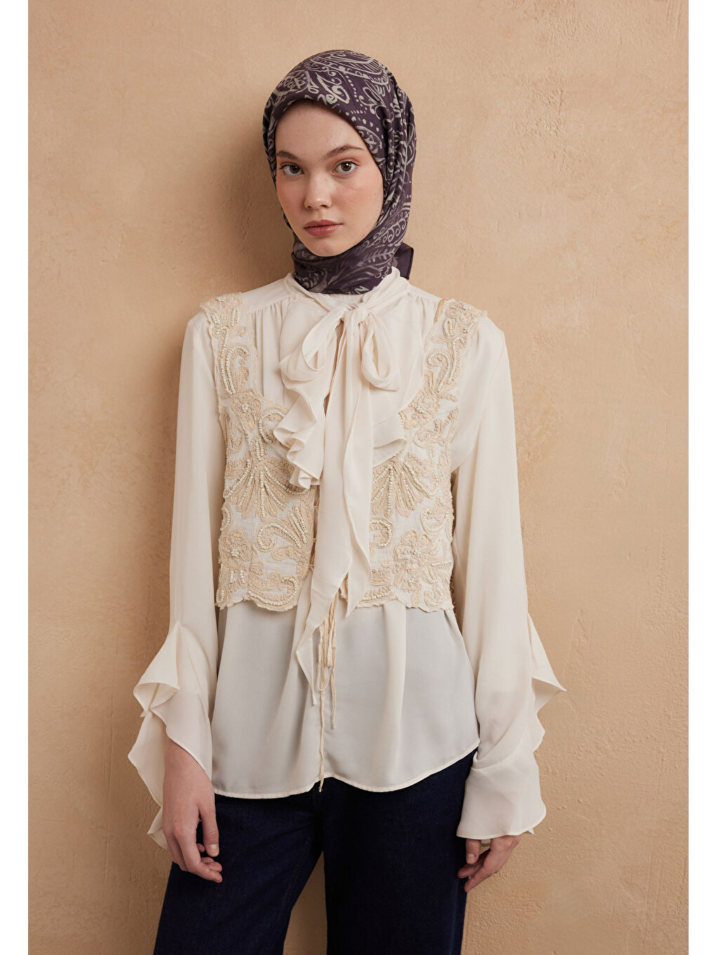 Mor Fressıa Desen Pamuk İpek Eşarp Violet-2