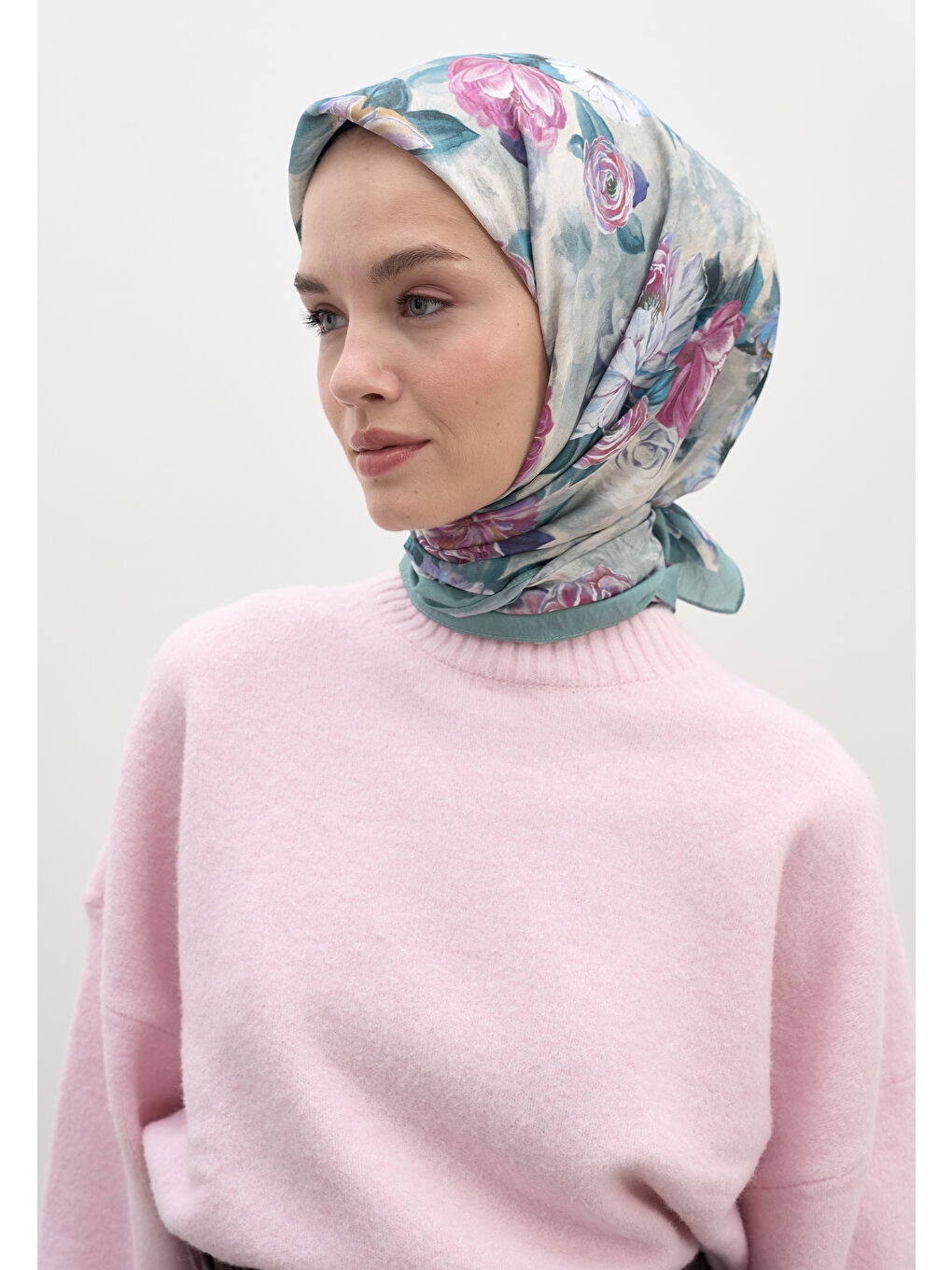 Magnolıa Desen Pamuklu Viskon Eşarp Mavi-1