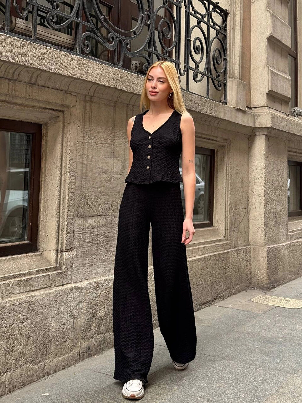 Kadın Siyah Gofre Kumaş Yelek Pantolon İkili Takım HZL25S-ZK13591-3