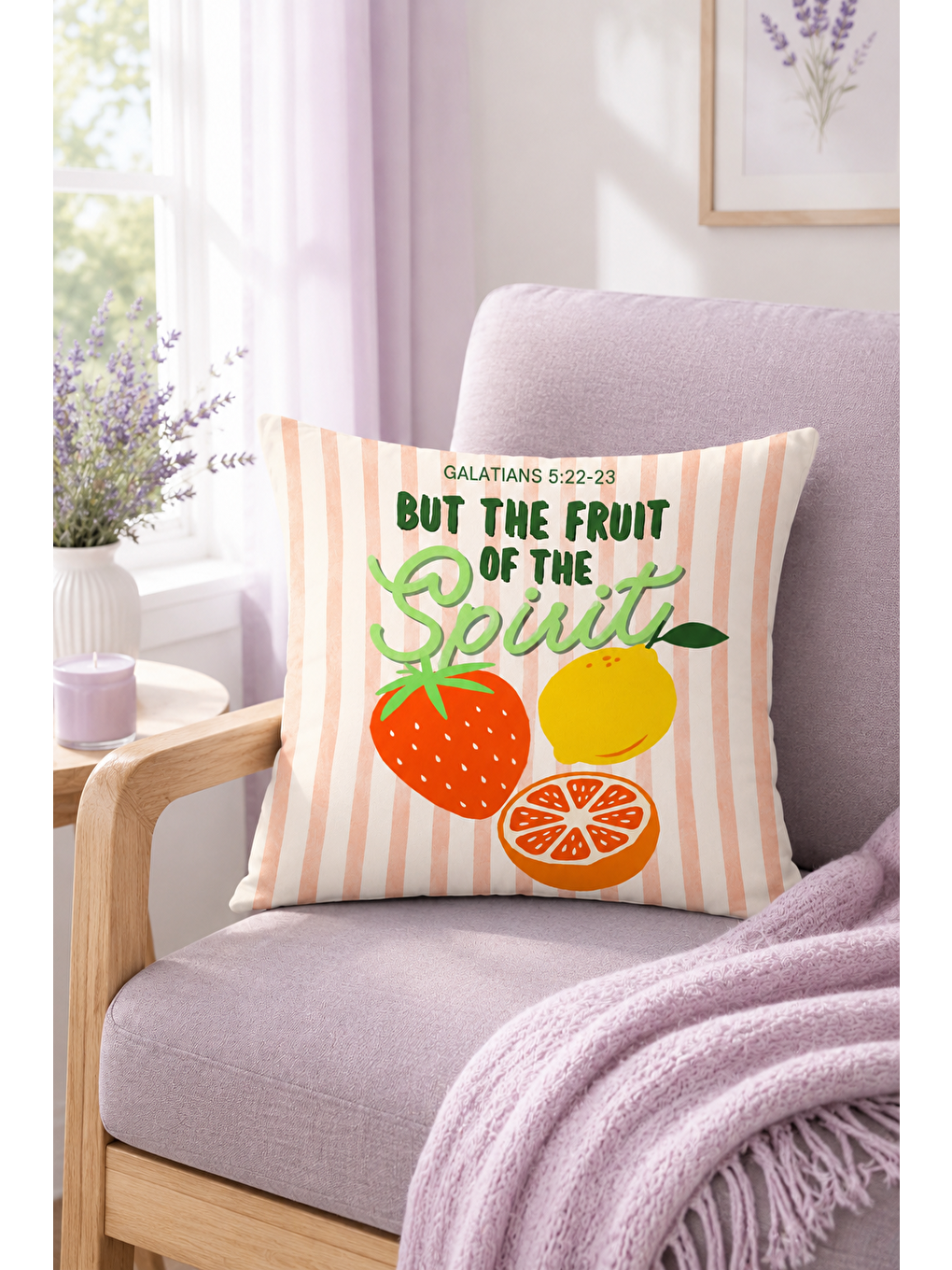 Beyaz Fruit Of The Spirit Meyve Yazı Baskılı Dekoratif Kırlent Kılıfı Modern Dekor 43x43 Cm-2