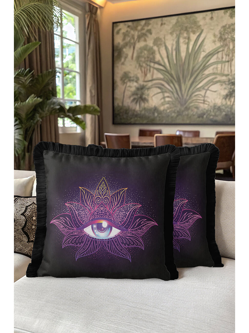 Karışık Mistisizm Temalı Saçaklı Yastık Kılıfı - Spiritüel Bohem Mor Altın Renkli Püsküllü Kırlent Kılıfı-5
