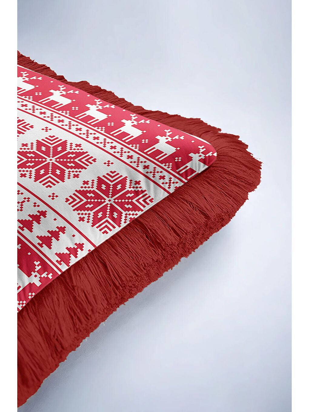 Karışık Nordik Kış Motifli Saçaklı Yastık Kılıfı - Yılbaşı Temalı Kırmızı Beyaz Püsküllü Kırlent Kılıfı-6