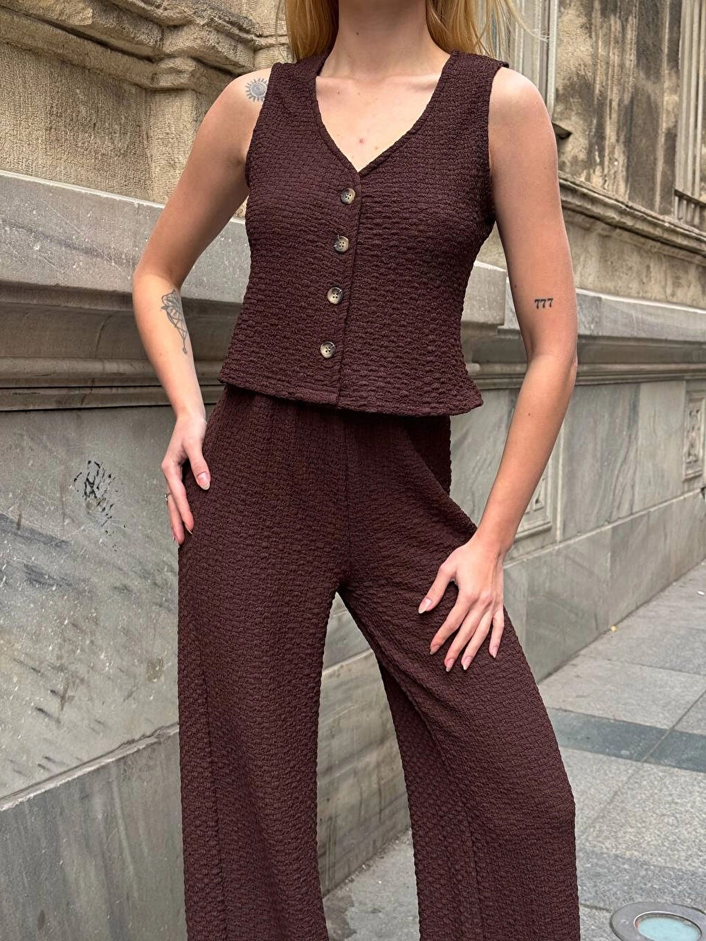 Kadın Kahverengi Gofre Kumaş Yelek Pantolon İkili Takım HZL25S-ZK13591-1