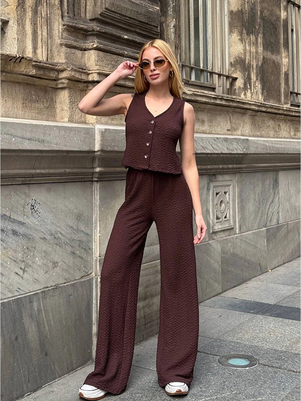 Kadın Kahverengi Gofre Kumaş Yelek Pantolon İkili Takım HZL25S-ZK13591-2