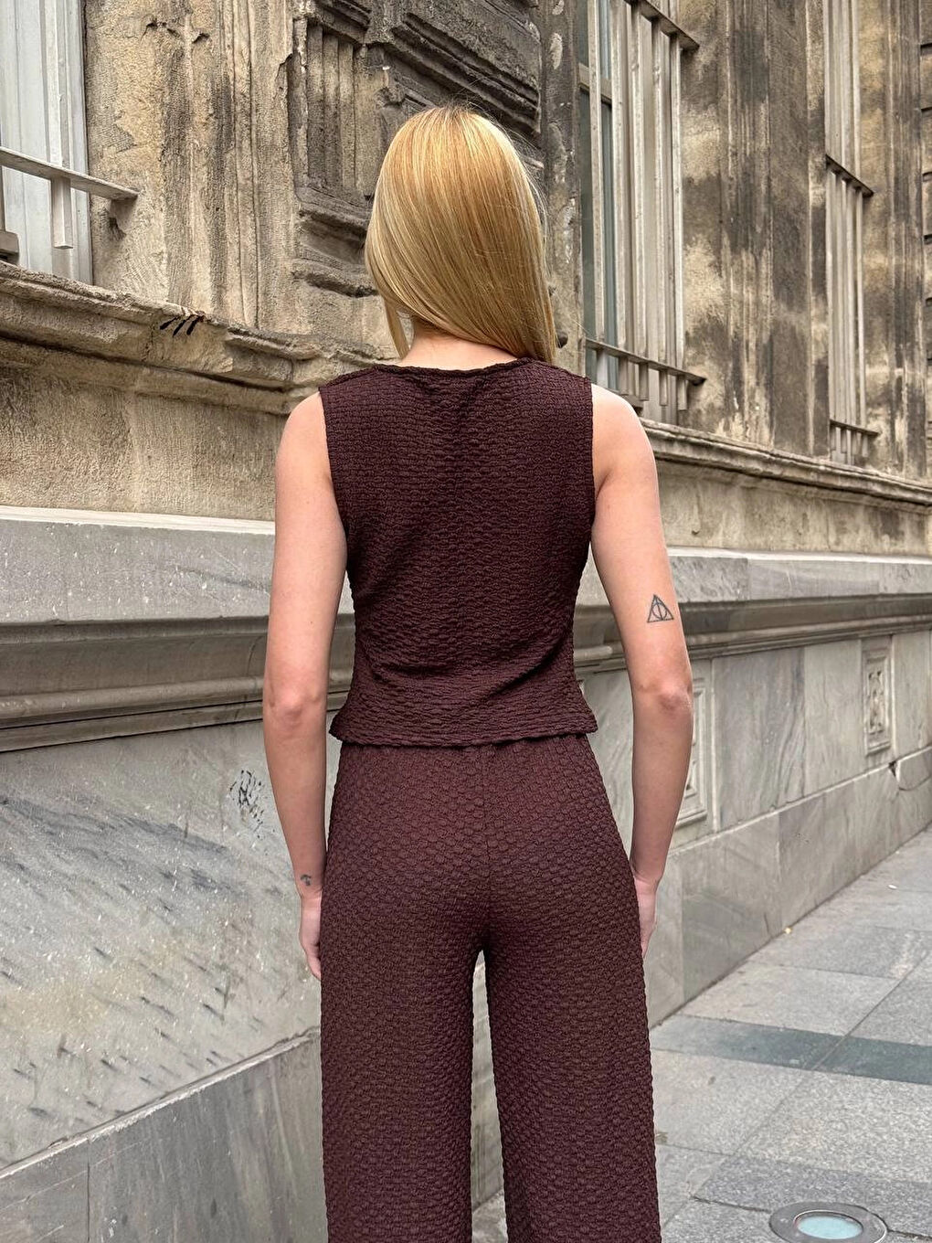 Kadın Kahverengi Gofre Kumaş Yelek Pantolon İkili Takım HZL25S-ZK13591-3