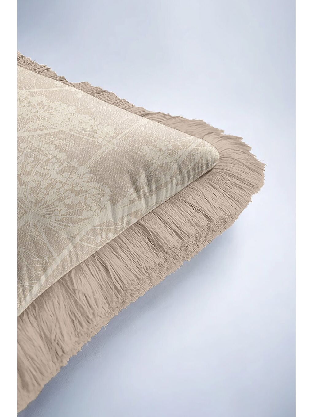 Karışık Doğal Doku Çiçek Motifli Saçaklı Yastık Kılıfı - Yumuşak Krem Country Bej Püsküllü Kırlent Kılıfı-6