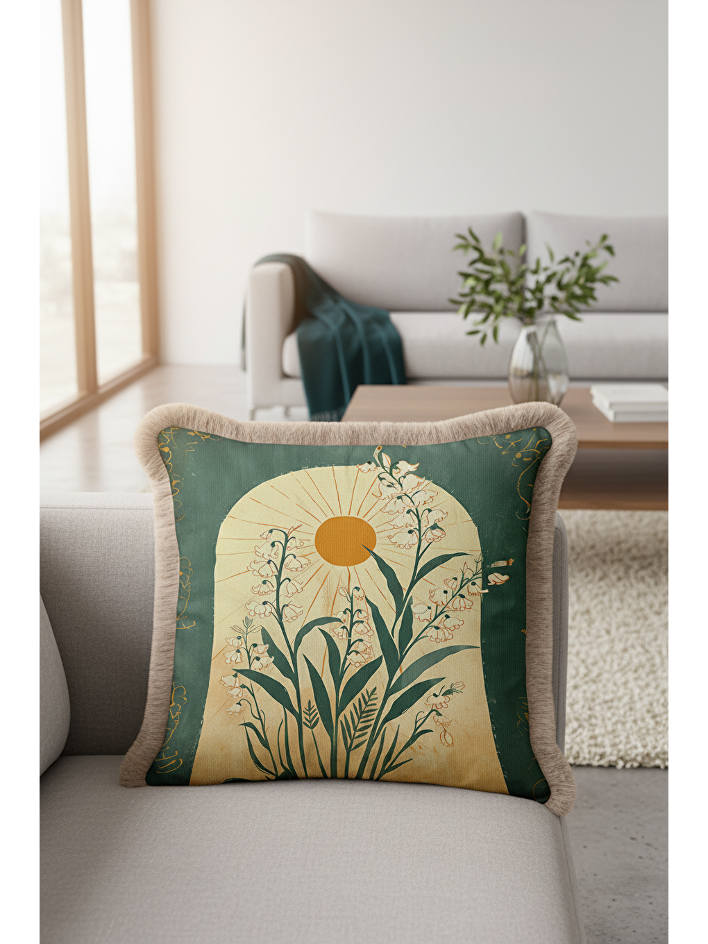 Karışık Vintage Güneş Doğası Saçaklı Yastık Kılıfı - Botanik Bohem Yeşil Sarı Püsküllü Kırlent Kılıfı-3