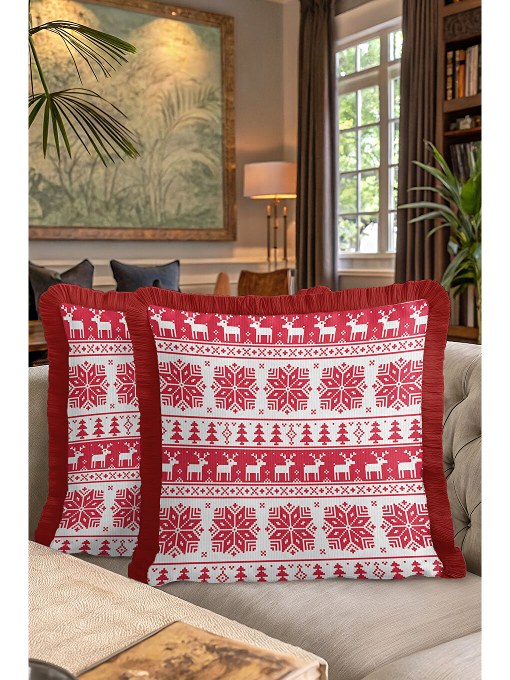 Karışık Nordik Kış Motifli Saçaklı Yastık Kılıfı - Yılbaşı Temalı Kırmızı Beyaz Püsküllü Kırlent Kılıfı-7