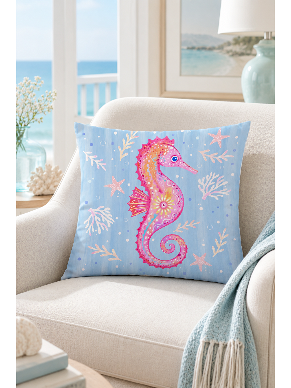 Denizatı Mercan Desenli Dekoratif Kırlent Kılıfı Mavi Pembe Marin Dekor 43x43 Cm-4
