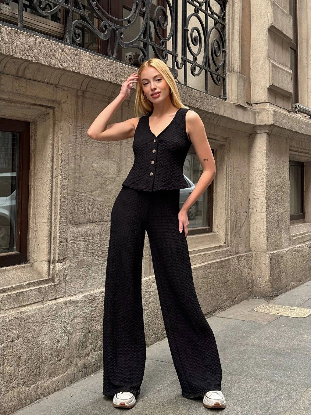 Kadın Siyah Gofre Kumaş Yelek Pantolon İkili Takım HZL25S-ZK13591-4