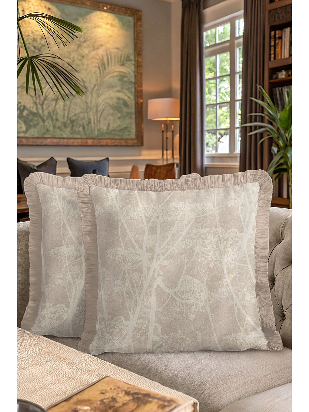 Karışık Doğal Doku Çiçek Motifli Saçaklı Yastık Kılıfı - Yumuşak Krem Country Bej Püsküllü Kırlent Kılıfı-7