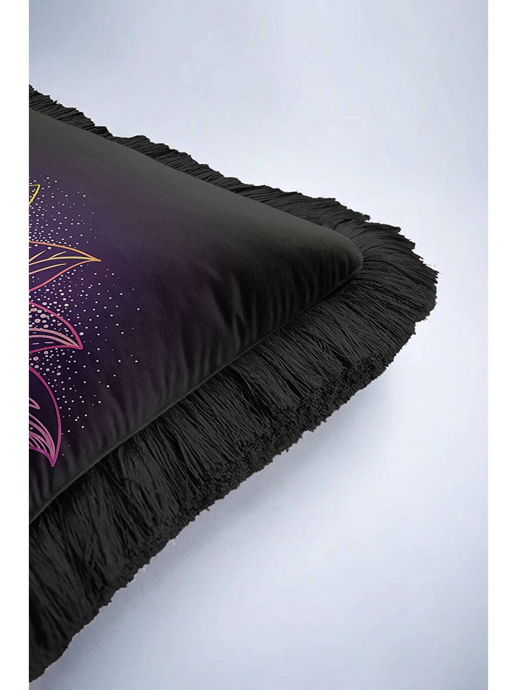 Karışık Mistisizm Temalı Saçaklı Yastık Kılıfı - Spiritüel Bohem Mor Altın Renkli Püsküllü Kırlent Kılıfı-6