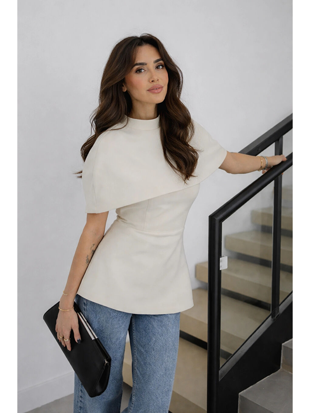Ekru Kadın Krem Pelerin Detay İki Parça Bluz 0331