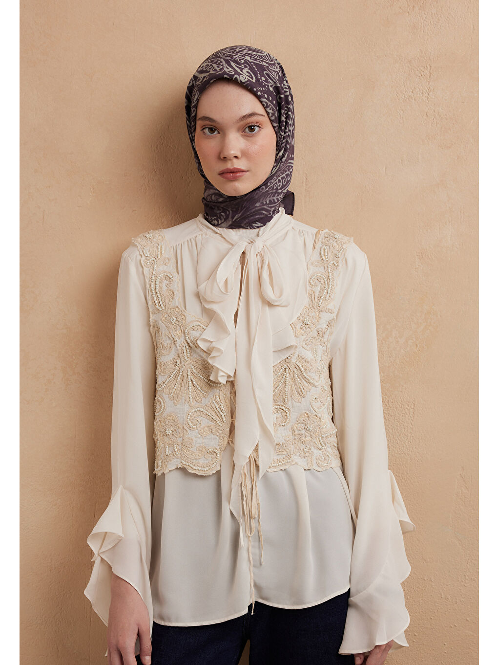 Mor Fressıa Desen Pamuk İpek Eşarp Violet-3