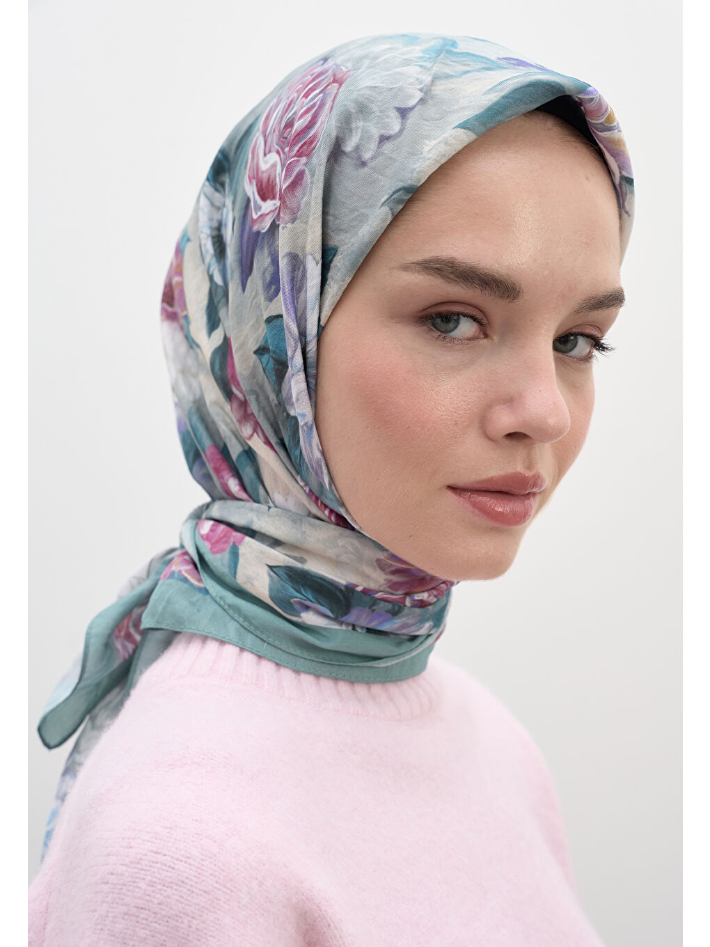 Magnolıa Desen Pamuklu Viskon Eşarp Mavi-3