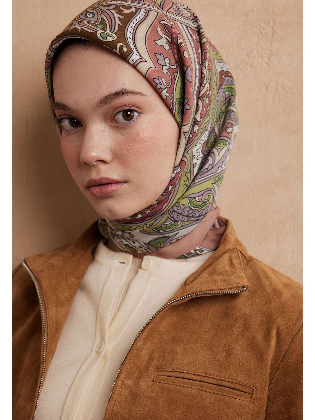 Pembe Etnıc Floral Desen Pamuk İpek Eşarp Somon-1