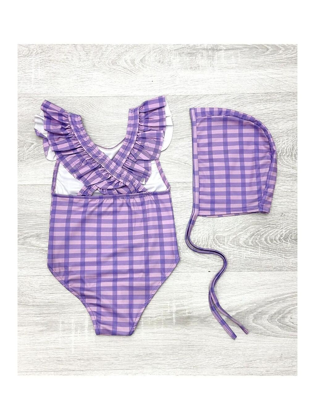 Lila Sırttan Çapraz Fırfır Detaylı Boneli Kız Çocuk Mayo-1