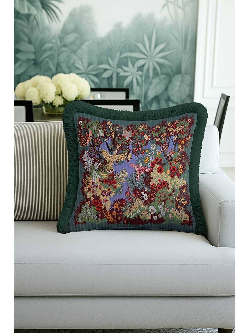 Karışık Lüks Kuşlu Çiçek Bahçesi Saçaklı Yastık Kılıfı - Vintage Botanik Rustik Tema Püsküllü Kırlent Kılıfı-1