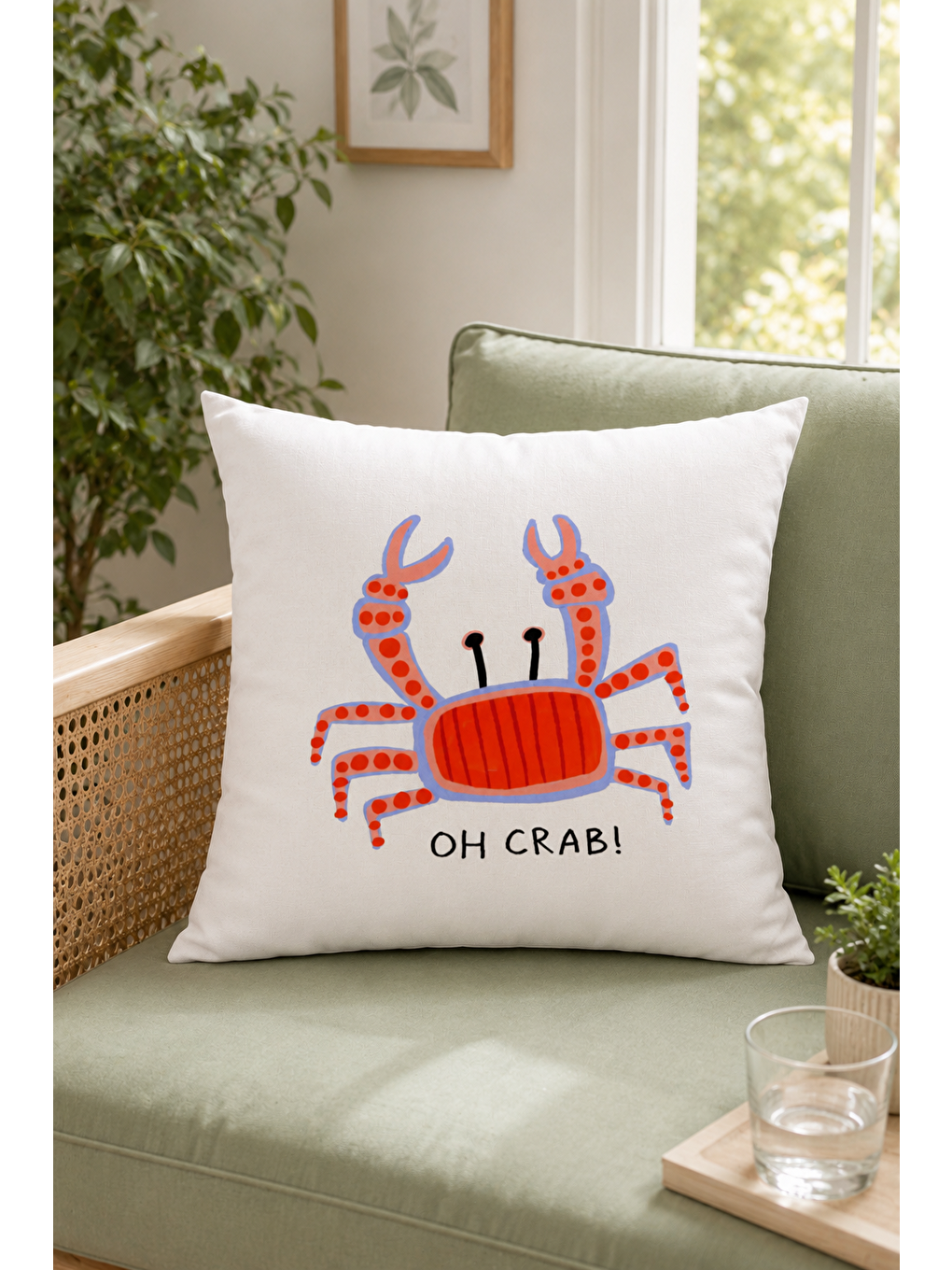 Beyaz Oh Crab Yengeç Yazı Baskılı Marin Dekoratif Kırlent Kılıfı Yazlık Dekor 43x43 Cm-2