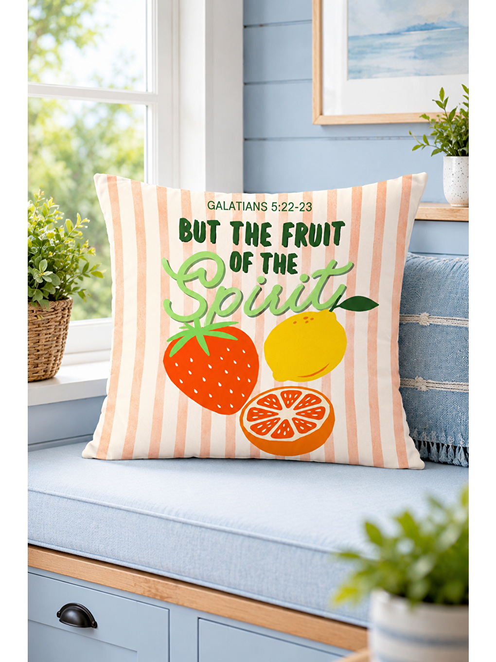 Beyaz Fruit Of The Spirit Meyve Yazı Baskılı Dekoratif Kırlent Kılıfı Modern Dekor 43x43 Cm-3