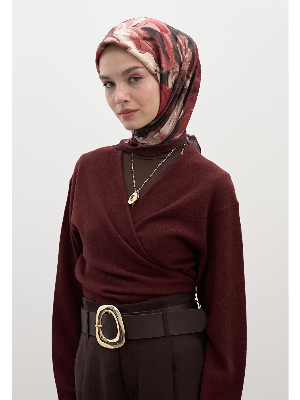 Mıdnıght Floral Desen Pamuklu Viskon Eşarp Bordo