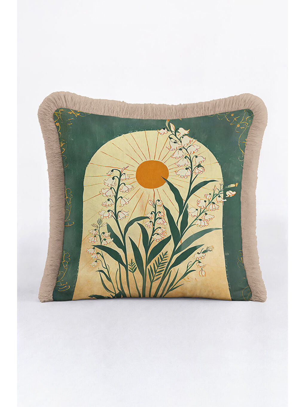 Karışık Vintage Güneş Doğası Saçaklı Yastık Kılıfı - Botanik Bohem Yeşil Sarı Püsküllü Kırlent Kılıfı-4