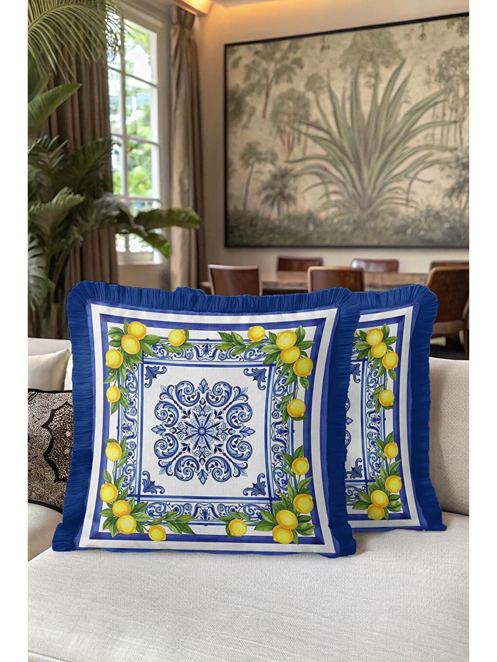 Karışık İtalyan Akdeniz Motifli Saçaklı Yastık Kılıfı - Limon Bahçesi Mavi Sarı Püsküllü Kırlent Kılıfı-5