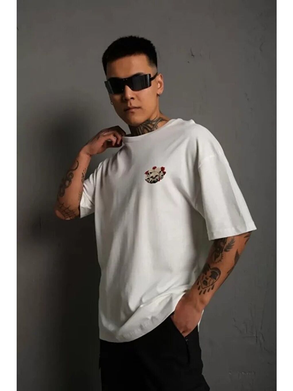 Unisex Bisiklet Yaka Baskılı Oversize T-Shirt - Beyaz-1