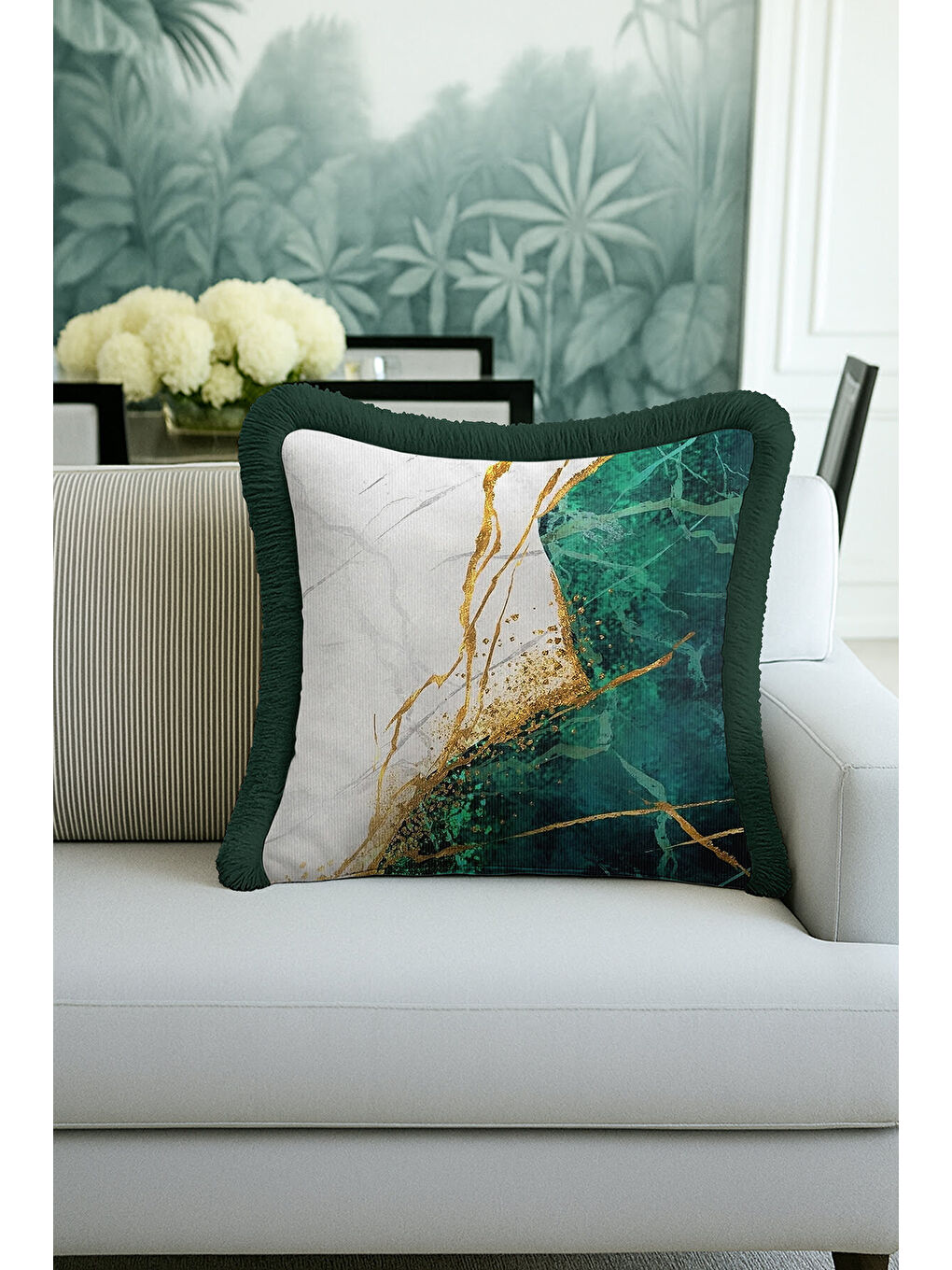 Karışık Zümrüt Mermer Altın Renkli Saçaklı Yastık Kılıfı - Lüks Modern Yeşil Altın Püsküllü Kırlent Kılıfı-1