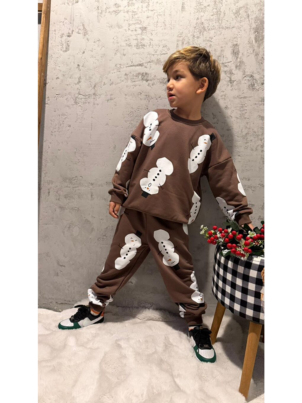 Erkek Çocuk Pamuklu Kahverengi Kardan Adam Desenli Sweatshirt & Eşofman Altı Takım-2
