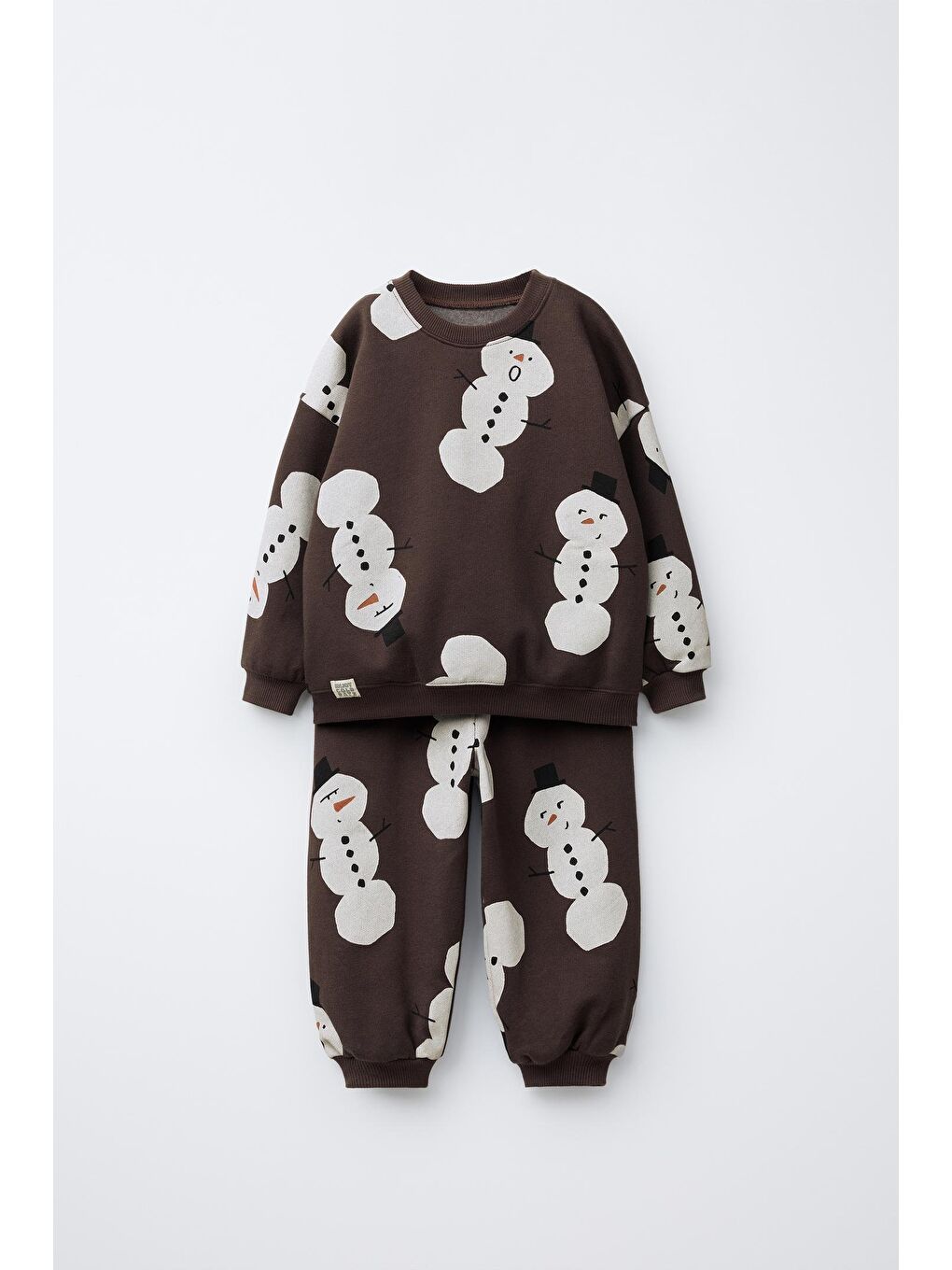 Erkek Çocuk Pamuklu Kahverengi Kardan Adam Desenli Sweatshirt & Eşofman Altı Takım-3
