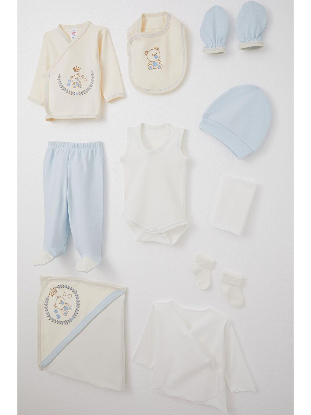 Erkek Bebek Hastane Çıkışı 10 Lu Kral Ayıcık Nakışlı Ekru (0-3 Ay)-1