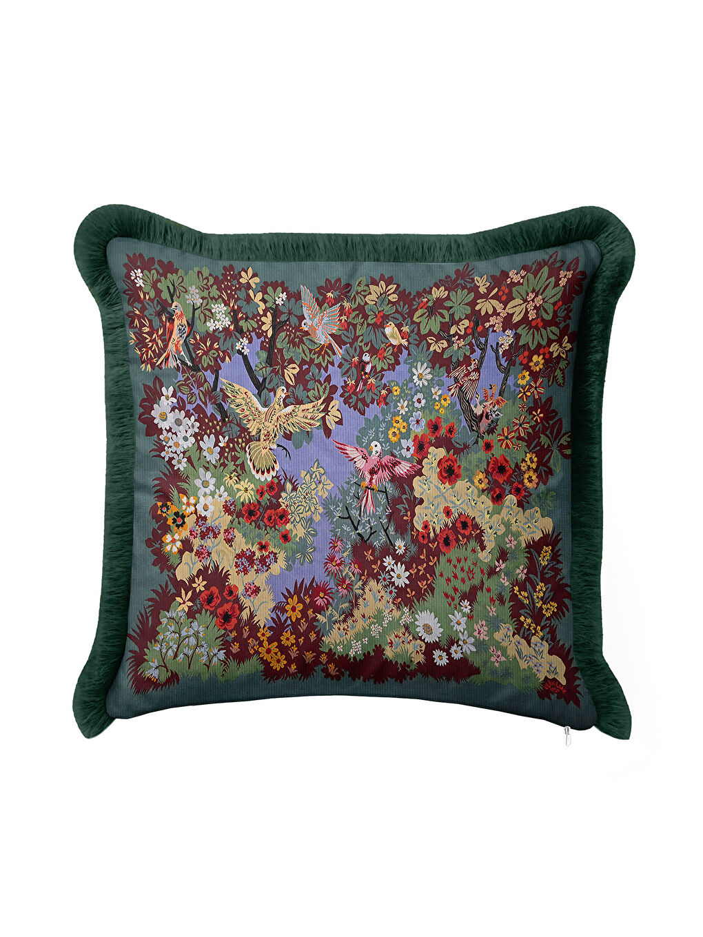 Karışık Lüks Kuşlu Çiçek Bahçesi Saçaklı Yastık Kılıfı - Vintage Botanik Rustik Tema Püsküllü Kırlent Kılıfı-2