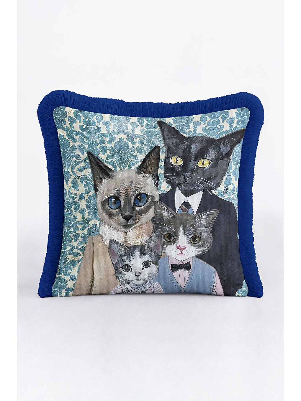 Karışık Royal Kedi Ailesi Saçaklı Yastık Kılıfı - Vintage Bohem Mavi Püsküllü Kırlent Kılıfı-1