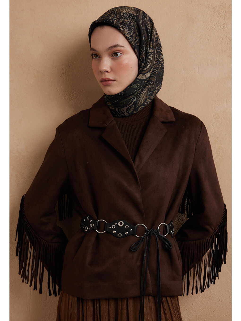 Florıan Desen Pamuk İpek Eşarp Koyu Haki-2