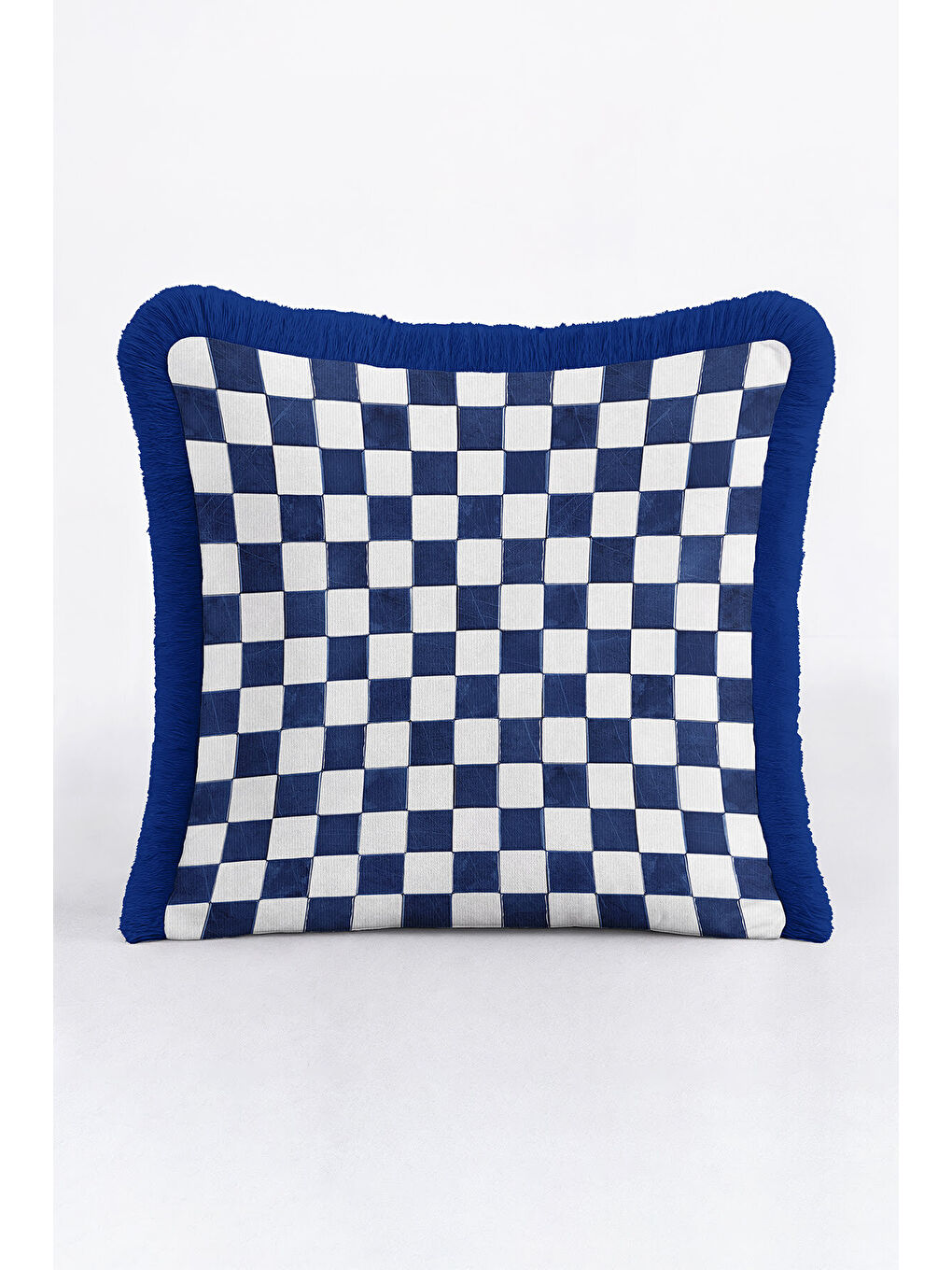 Karışık Zarif Kareli Saçaklı Yastık Kılıfı - Modern Marin Mavi Beyaz Püsküllü Kırlent Kılıfı