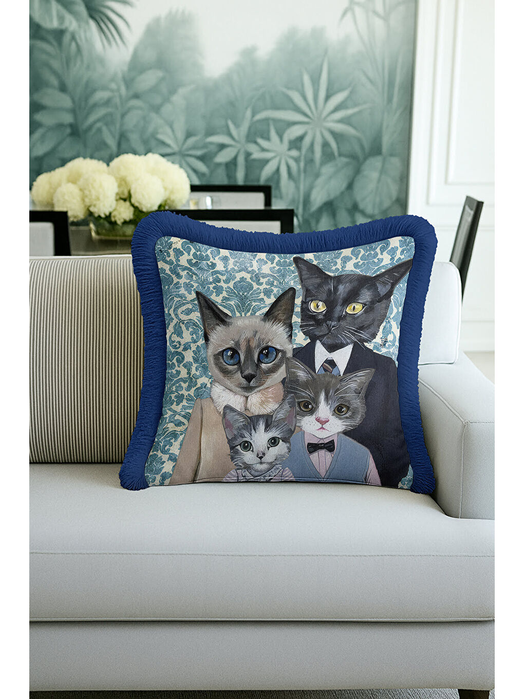 Karışık Royal Kedi Ailesi Saçaklı Yastık Kılıfı - Vintage Bohem Mavi Püsküllü Kırlent Kılıfı-2