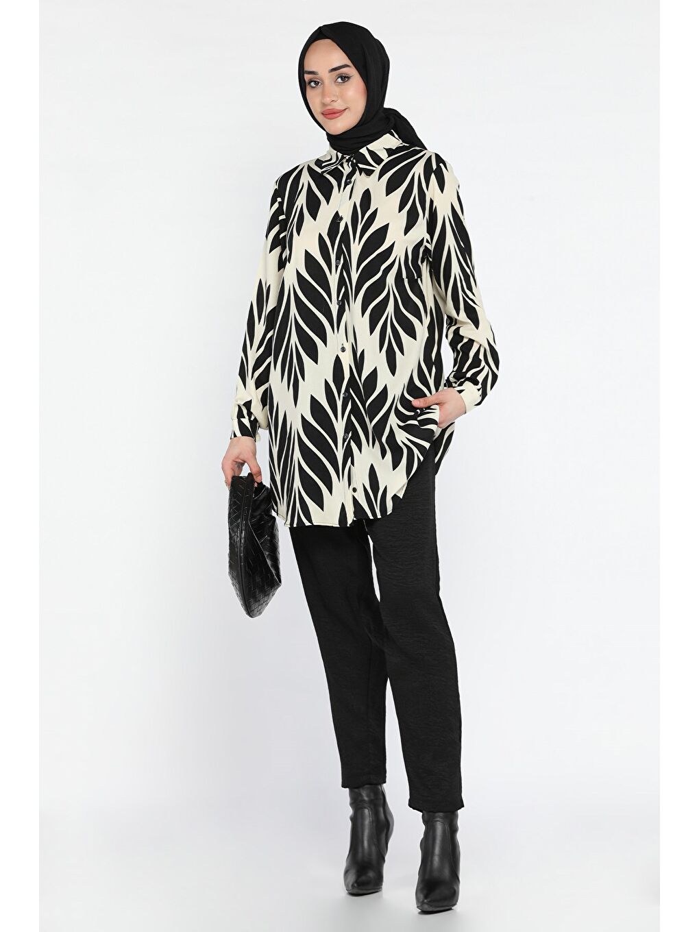 Ekru Büyük Beden Desenli Tunik Pantolon Tesettür İkili Takım-1