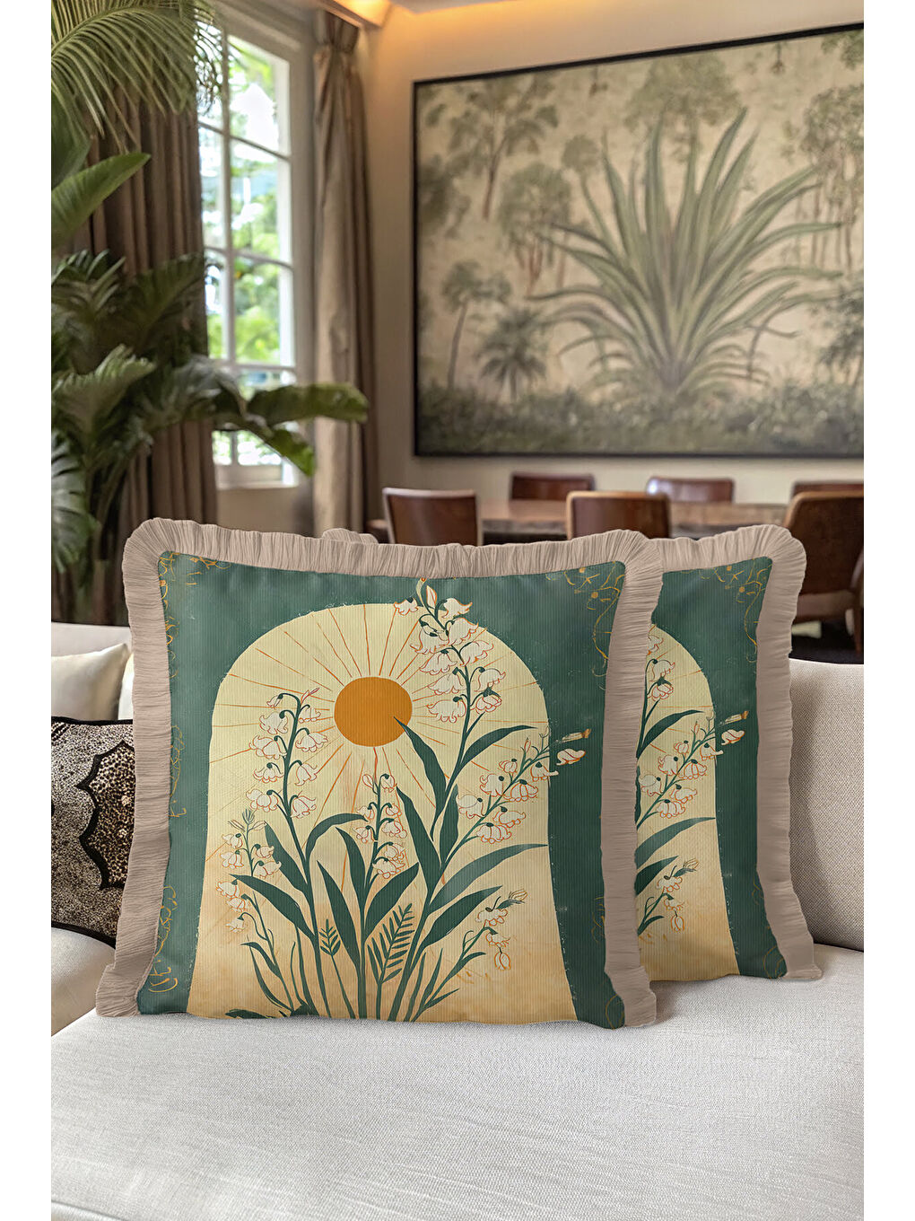 Karışık Vintage Güneş Doğası Saçaklı Yastık Kılıfı - Botanik Bohem Yeşil Sarı Püsküllü Kırlent Kılıfı-5