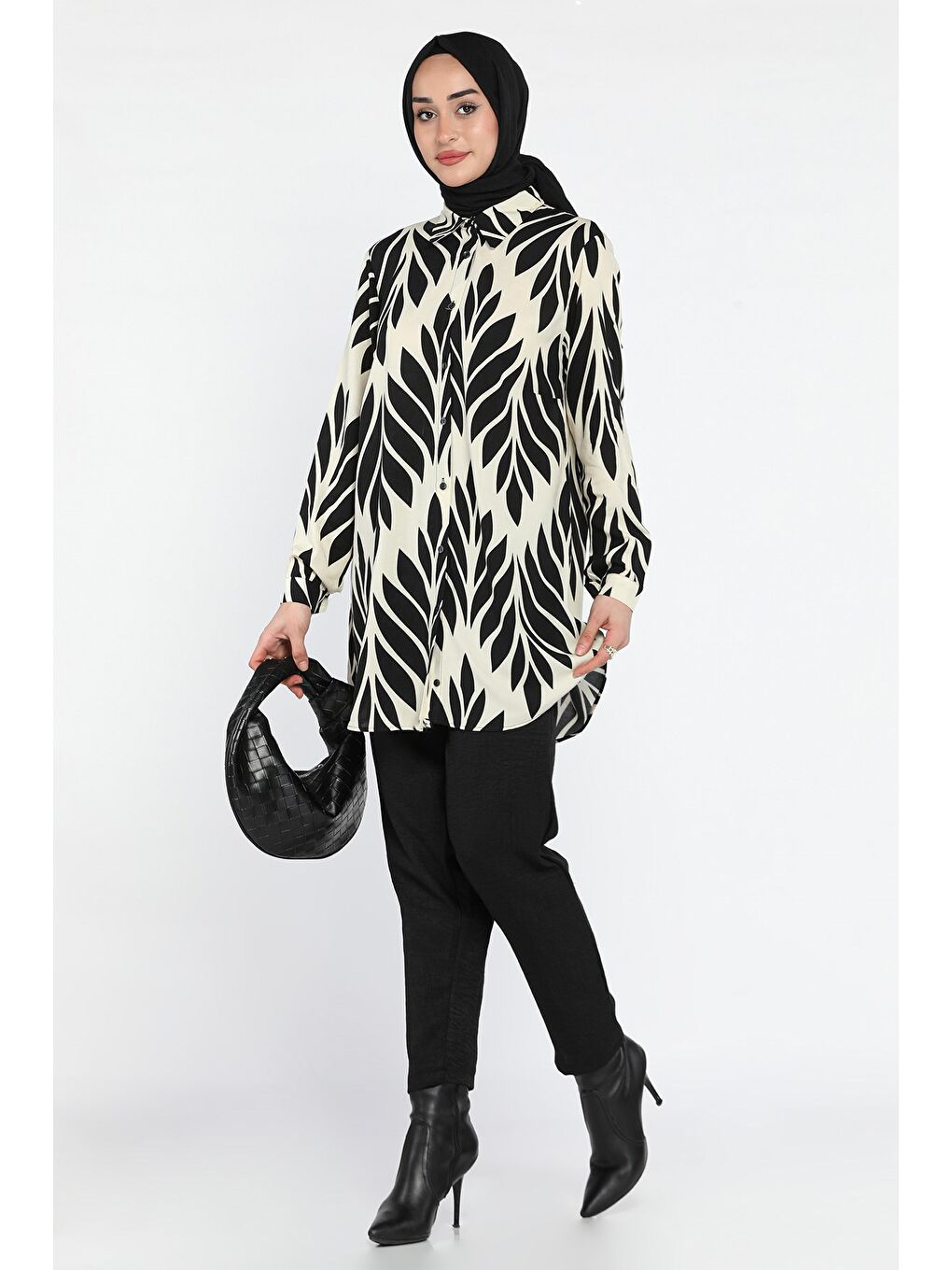 Ekru Büyük Beden Desenli Tunik Pantolon Tesettür İkili Takım-2