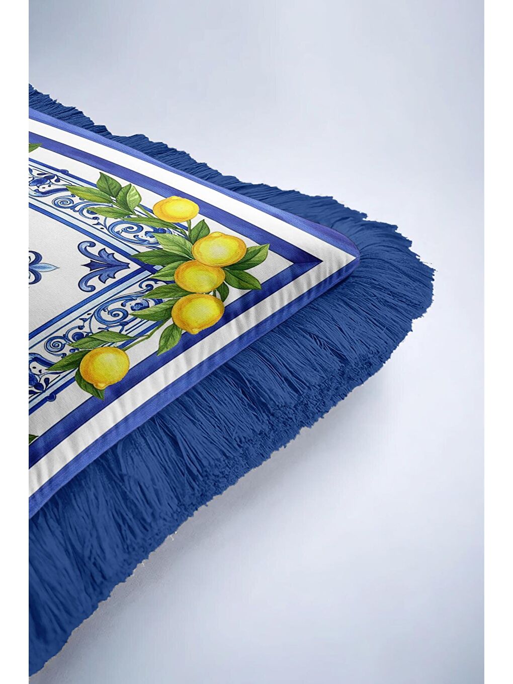 Karışık İtalyan Akdeniz Motifli Saçaklı Yastık Kılıfı - Limon Bahçesi Mavi Sarı Püsküllü Kırlent Kılıfı-6