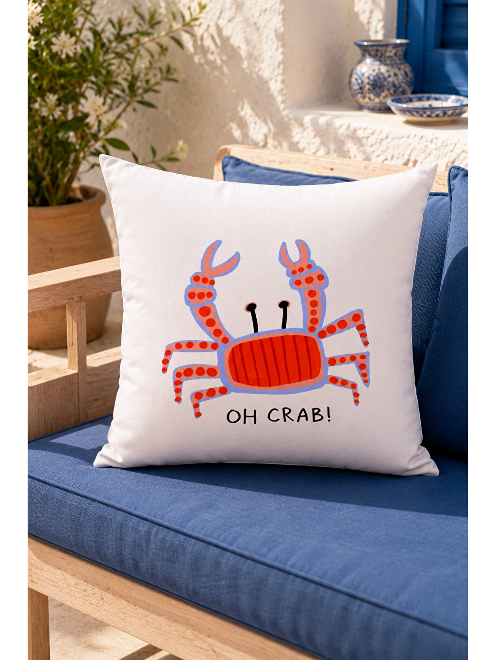 Beyaz Oh Crab Yengeç Yazı Baskılı Marin Dekoratif Kırlent Kılıfı Yazlık Dekor 43x43 Cm-3