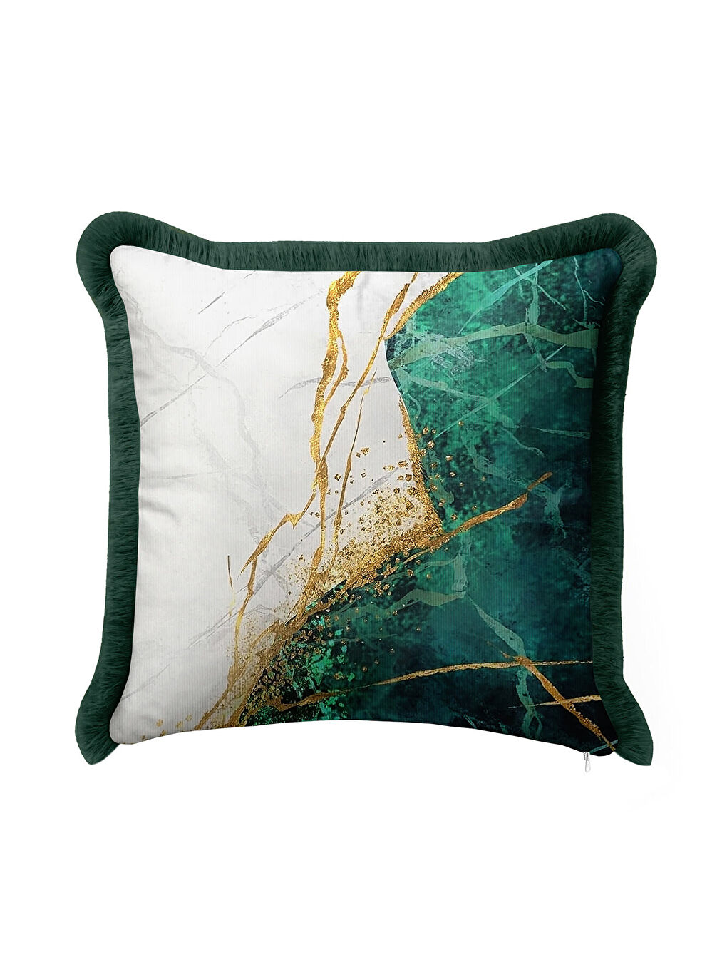 Karışık Zümrüt Mermer Altın Renkli Saçaklı Yastık Kılıfı - Lüks Modern Yeşil Altın Püsküllü Kırlent Kılıfı-2